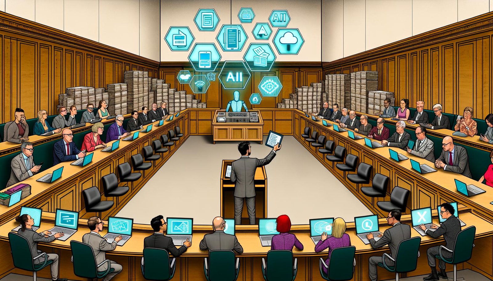 Illustration einer Parlamentsdebatte mit Politikern an langen Holztischen, umgeben von digitalen Geräten, klassischen Akten, Touchscreens und KI-Symbolen. Ein digitaler Graben teilt das Bild zwischen analog und digital.