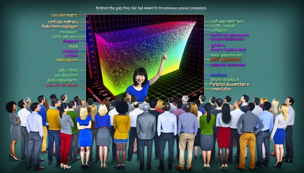 Illustration eines Data Scientists, der eine leuchtende, komplexe Machine-Learning-Visualisierung vor diversen Stakeholdern erklärt. Im Hintergrund Symbole für Python und beliebte Data-Science-Bibliotheken.