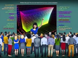Illustration eines Data Scientists, der eine leuchtende, komplexe Machine-Learning-Visualisierung vor diversen Stakeholdern erklärt. Im Hintergrund Symbole für Python und beliebte Data-Science-Bibliotheken.
