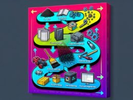 Editorial Illustration eines modernen Scikit-Learn Workflows mit Icons für Daten, Reinigung, Feature Engineering, Pipeline und Deployment, grafisch hervorgehoben durch Neonfarben und technisches Design.