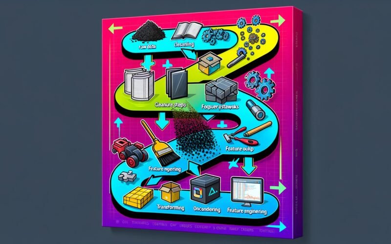 Editorial Illustration eines modernen Scikit-Learn Workflows mit Icons für Daten, Reinigung, Feature Engineering, Pipeline und Deployment, grafisch hervorgehoben durch Neonfarben und technisches Design.