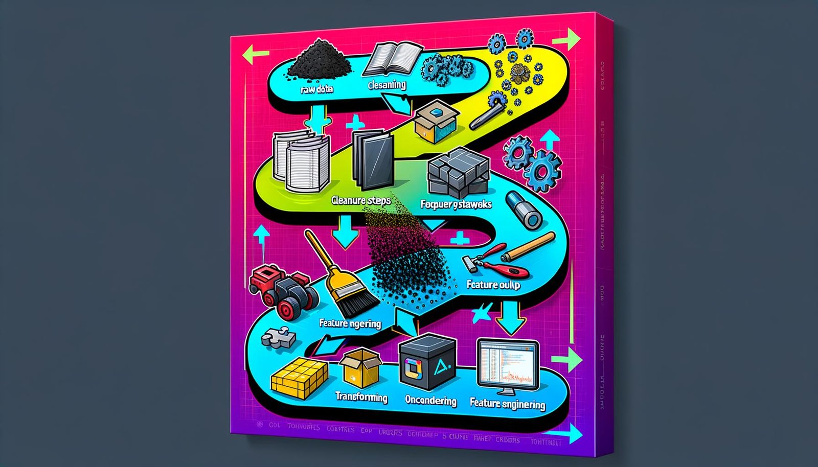 Editorial Illustration eines modernen Scikit-Learn Workflows mit Icons für Daten, Reinigung, Feature Engineering, Pipeline und Deployment, grafisch hervorgehoben durch Neonfarben und technisches Design.