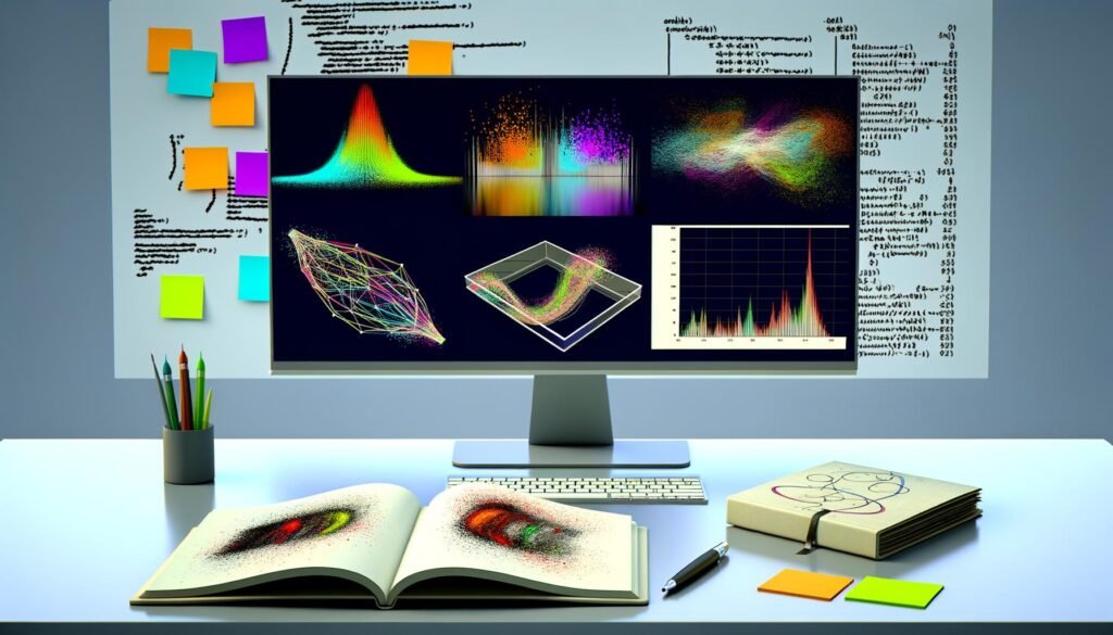 Moderner Arbeitsplatz mit mehreren farbenfrohen Seaborn-Diagrammen auf einem großen Bildschirm, Sticky Notes, Python-Code und Notizbuch mit Grafiken für Data Insights.