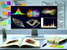 Moderner Arbeitsplatz mit mehreren farbenfrohen Seaborn-Diagrammen auf einem großen Bildschirm, Sticky Notes, Python-Code und Notizbuch mit Grafiken für Data Insights.