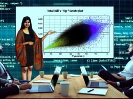 Illustration einer Datenanalystin, die einen Scatterplot mit Restaurantdaten zu Rechnungsbeträgen und Trinkgeld für männliche und weibliche Gäste auf einem modernen Bildschirm zeigt. Python, Seaborn und technisches Ambiente im Hintergrund.