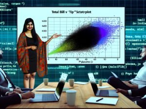 Illustration einer Datenanalystin, die einen Scatterplot mit Restaurantdaten zu Rechnungsbeträgen und Trinkgeld für männliche und weibliche Gäste auf einem modernen Bildschirm zeigt. Python, Seaborn und technisches Ambiente im Hintergrund.
