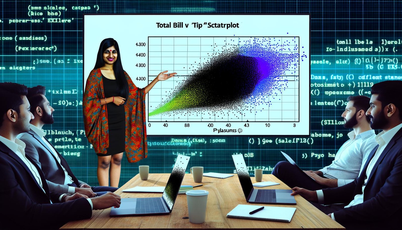 Illustration einer Datenanalystin, die einen Scatterplot mit Restaurantdaten zu Rechnungsbeträgen und Trinkgeld für männliche und weibliche Gäste auf einem modernen Bildschirm zeigt. Python, Seaborn und technisches Ambiente im Hintergrund.