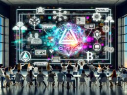 Futuristischer Workspace mit Creators, Blockchain-Symbolen, NFTs und veraltenden klassischen Zahlungsmethoden im Hintergrund.