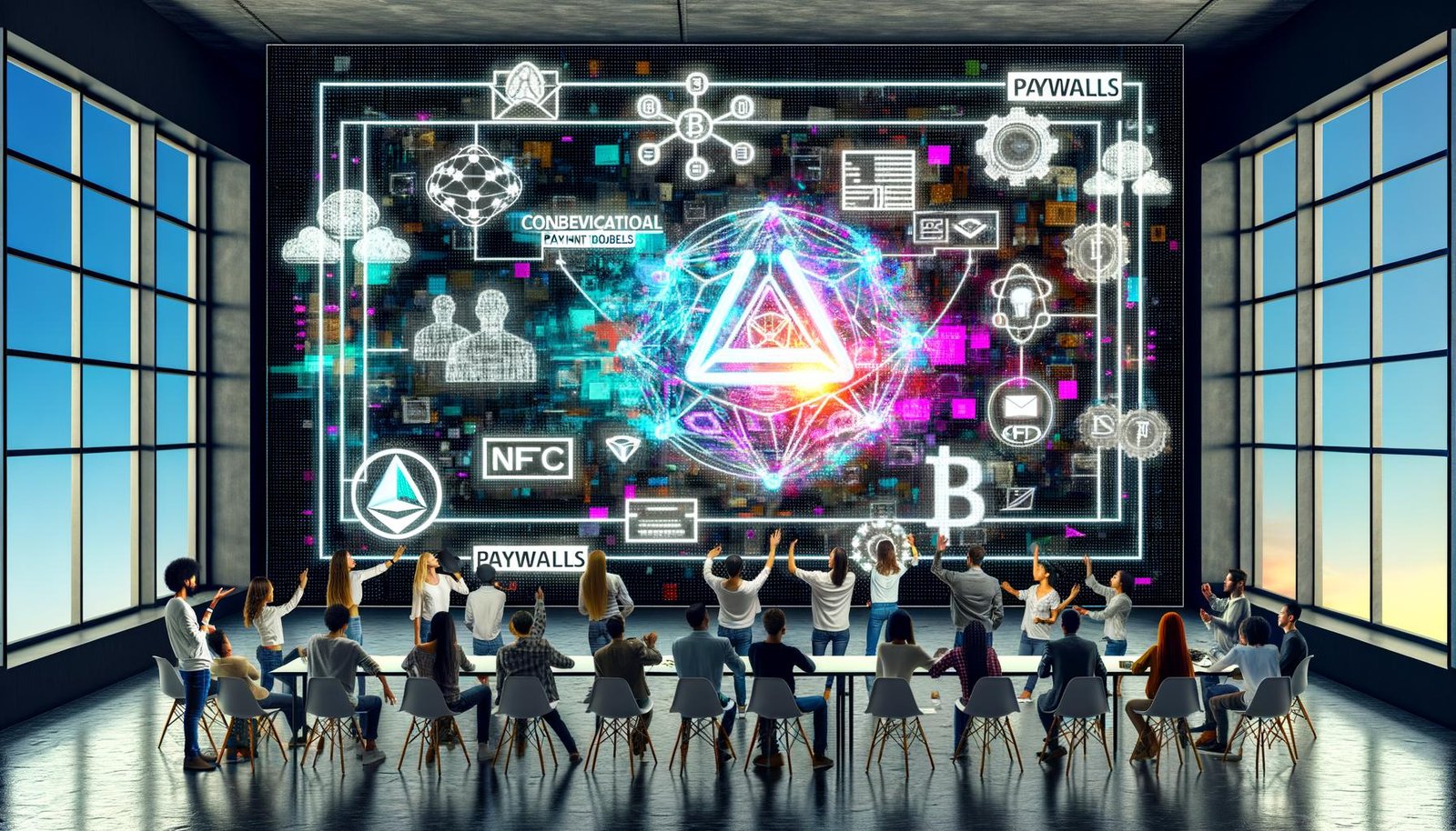 Futuristischer Workspace mit Creators, Blockchain-Symbolen, NFTs und veraltenden klassischen Zahlungsmethoden im Hintergrund.