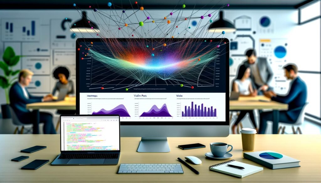 Moderner Arbeitsplatz mit großem Bildschirm, auf dem ein Seaborn Dashboard mit Heatmaps, Violinplots und Balkendiagrammen dargestellt wird, daneben Notizen, Kaffeetasse und Laptop mit Python-Code.