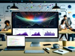 Moderner Arbeitsplatz mit großem Bildschirm, auf dem ein Seaborn Dashboard mit Heatmaps, Violinplots und Balkendiagrammen dargestellt wird, daneben Notizen, Kaffeetasse und Laptop mit Python-Code.