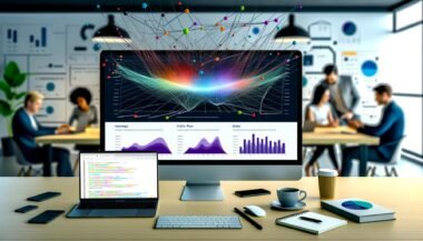 Moderner Arbeitsplatz mit großem Bildschirm, auf dem ein Seaborn Dashboard mit Heatmaps, Violinplots und Balkendiagrammen dargestellt wird, daneben Notizen, Kaffeetasse und Laptop mit Python-Code.