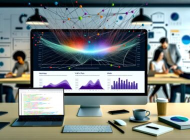 Moderner Arbeitsplatz mit großem Bildschirm, auf dem ein Seaborn Dashboard mit Heatmaps, Violinplots und Balkendiagrammen dargestellt wird, daneben Notizen, Kaffeetasse und Laptop mit Python-Code.