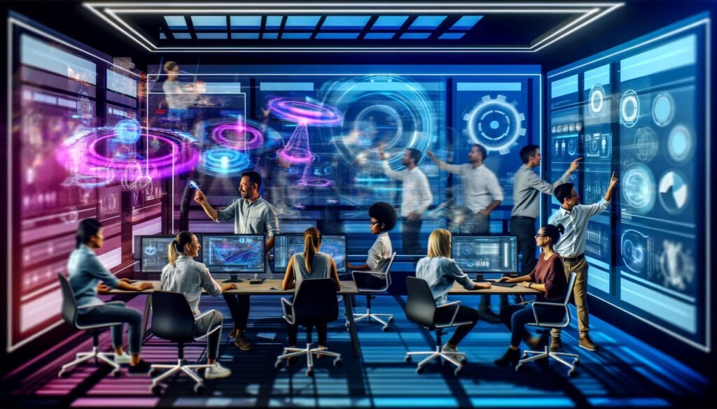 High-Tech-Arbeitsplatz mit digitalen Profis, die an holografischen Displays und transparenten Bildschirmen 3D-Modelle und AR-Inhalte am Substack-Interface bearbeiten