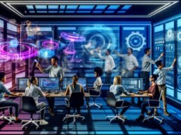 High-Tech-Arbeitsplatz mit digitalen Profis, die an holografischen Displays und transparenten Bildschirmen 3D-Modelle und AR-Inhalte am Substack-Interface bearbeiten