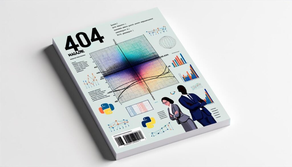 404 Magazine Cover mit modernem Seaborn-Datenplot, verschiedenen Diagrammtypen und Data-Science-Experten im hellen, technischen Stil