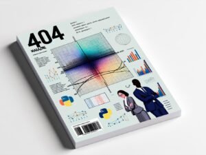 404 Magazine Cover mit modernem Seaborn-Datenplot, verschiedenen Diagrammtypen und Data-Science-Experten im hellen, technischen Stil