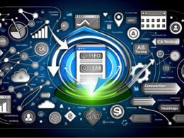 Dynamische Illustration eines Online-Marketing-Workflows mit Conversion-Dashboard, SEO, A/B-Testing, Heatmaps, Analytics-Symbolen, Landingpages, CTAs und Wachstumspfeilen in modernen Farben.