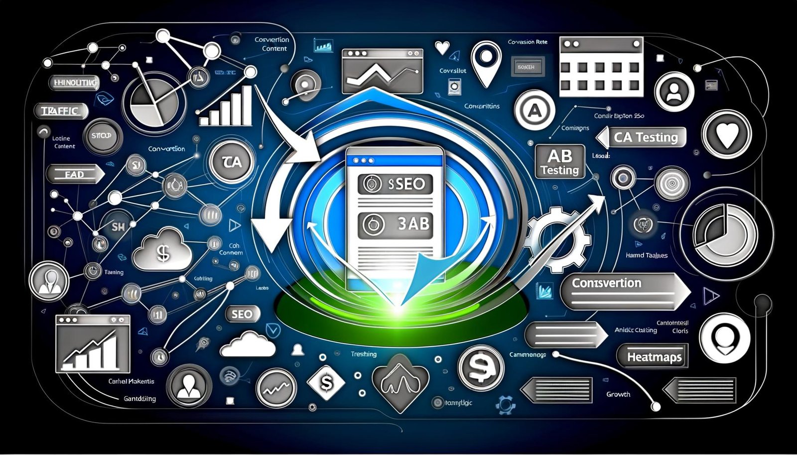 Dynamische Illustration eines Online-Marketing-Workflows mit Conversion-Dashboard, SEO, A/B-Testing, Heatmaps, Analytics-Symbolen, Landingpages, CTAs und Wachstumspfeilen in modernen Farben.