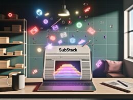 Digitaler Arbeitsplatz 2025 mit Laptop, holografischen Diagrammen, interaktiven Buttons und schwebenden XR-, AR- und VR-Symbolen in einer modernen Büroszene.