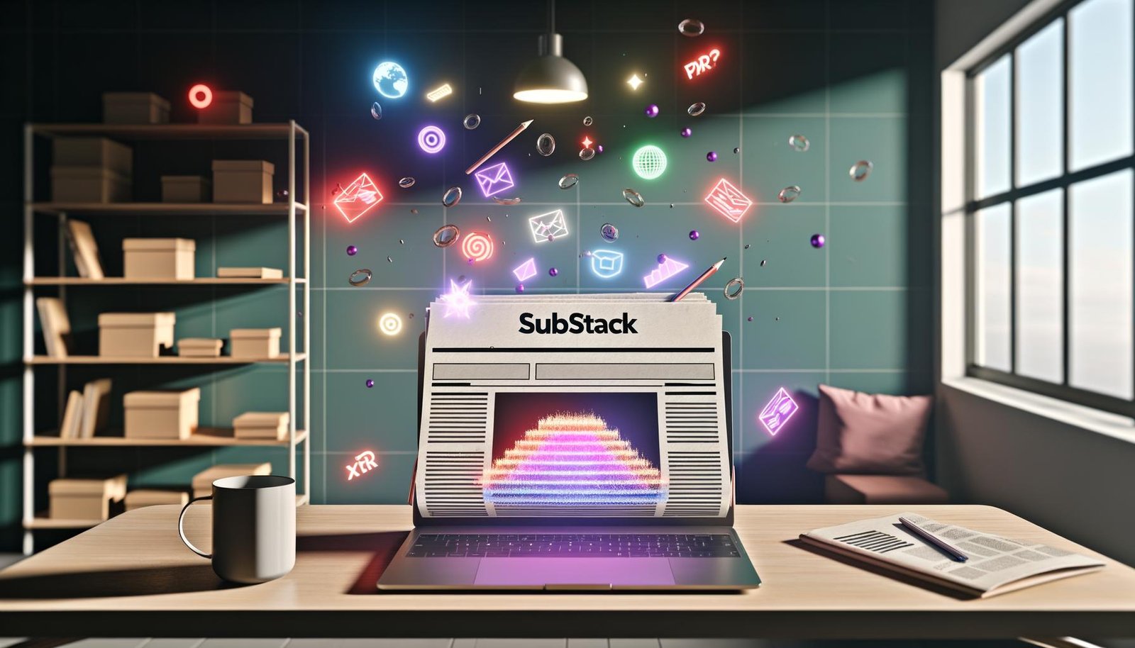 Digitaler Arbeitsplatz 2025 mit Laptop, holografischen Diagrammen, interaktiven Buttons und schwebenden XR-, AR- und VR-Symbolen in einer modernen Büroszene.