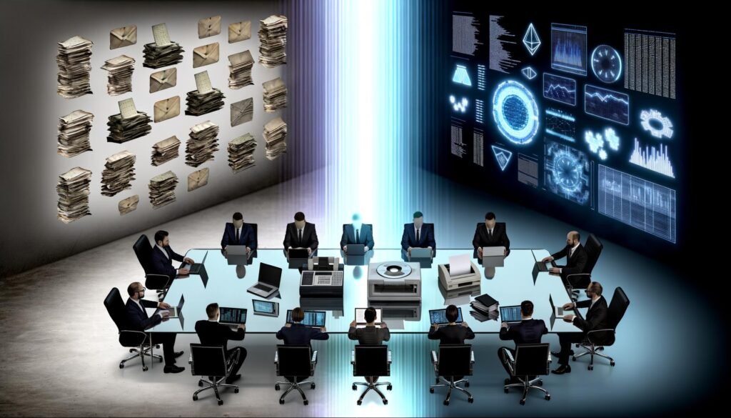 Symbolträchtiges Bild: Politiker an einem Glastisch, links mit veralteter Technik, rechts in digitaler Arbeitsumgebung, getrennt durch einen digitalen Graben und kontrastreich beleuchtet.