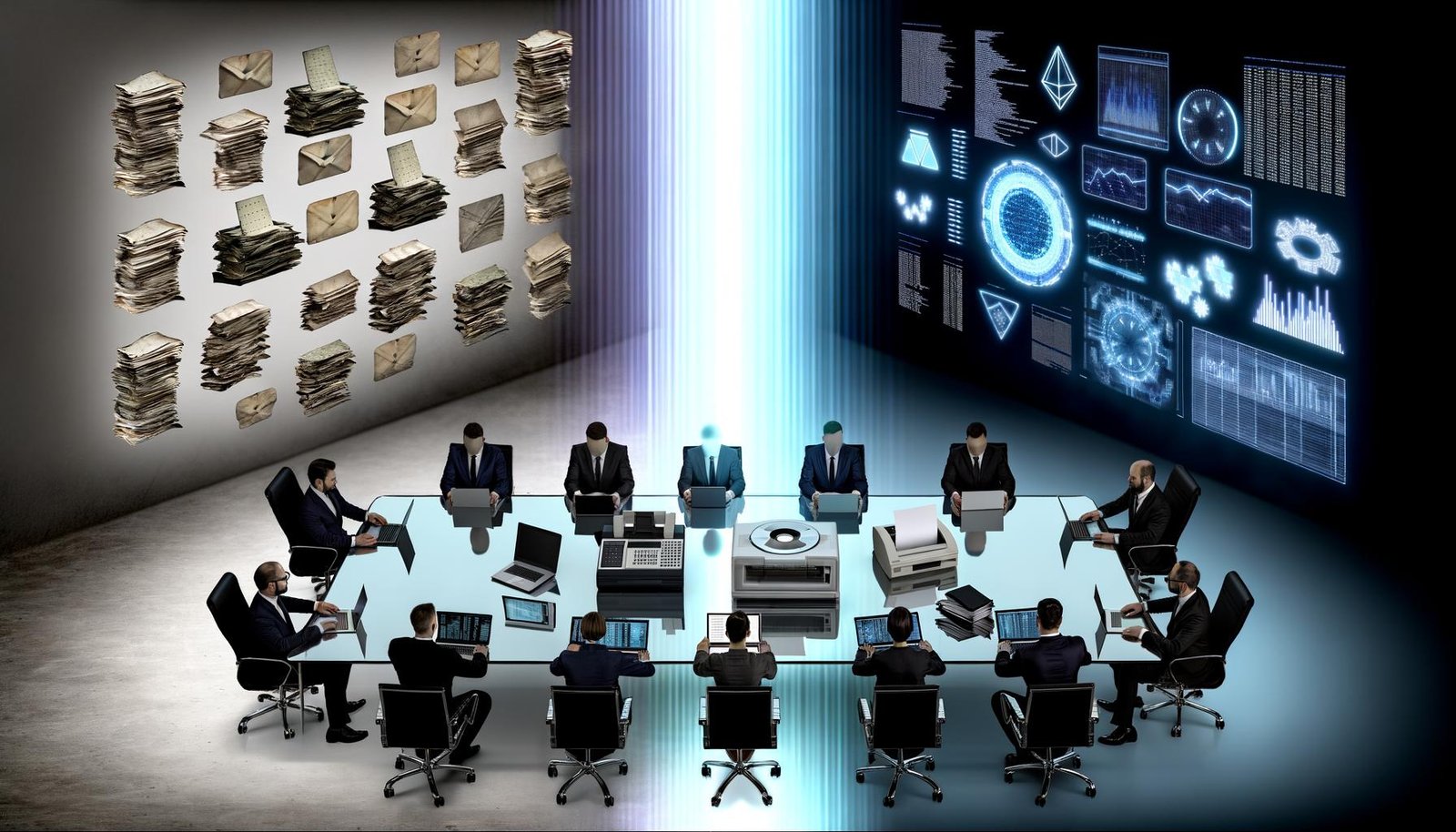 Symbolträchtiges Bild: Politiker an einem Glastisch, links mit veralteter Technik, rechts in digitaler Arbeitsumgebung, getrennt durch einen digitalen Graben und kontrastreich beleuchtet.