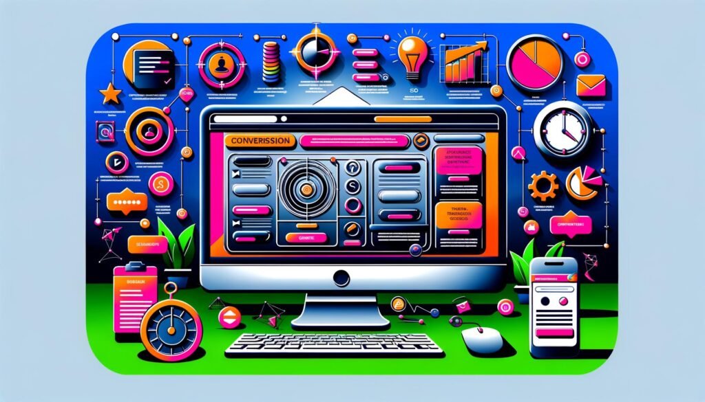 Illustration eines modernen digitalen Workspace mit Website-Wireframe, Conversion-Elementen, Trust-Badges, Testimonials, Calls-to-Action und Tools für Analytics, SEO und A/B-Testing.