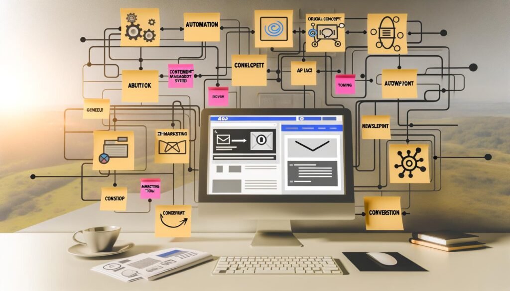 Arbeitsplatz mit großem Monitor, der das Webflow-Interface zeigt, umgeben von Newsletter-Vorlagen und Automatisierungsdiagrammen, verbunden mit API-Icons wie Zapier, Make sowie E-Mail-Marketing-Tools.