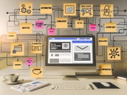 Arbeitsplatz mit großem Monitor, der das Webflow-Interface zeigt, umgeben von Newsletter-Vorlagen und Automatisierungsdiagrammen, verbunden mit API-Icons wie Zapier, Make sowie E-Mail-Marketing-Tools.