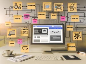 Arbeitsplatz mit großem Monitor, der das Webflow-Interface zeigt, umgeben von Newsletter-Vorlagen und Automatisierungsdiagrammen, verbunden mit API-Icons wie Zapier, Make sowie E-Mail-Marketing-Tools.