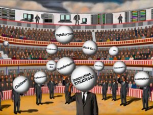 Satirische Zeichnung von deutschen Politikern in einem Zirkus, die mit großen Buzzwords jonglieren, während alte Server und genervte Verwaltungsmitarbeiter im Hintergrund zu sehen sind, beobachtet von erstaunten Bürgern.