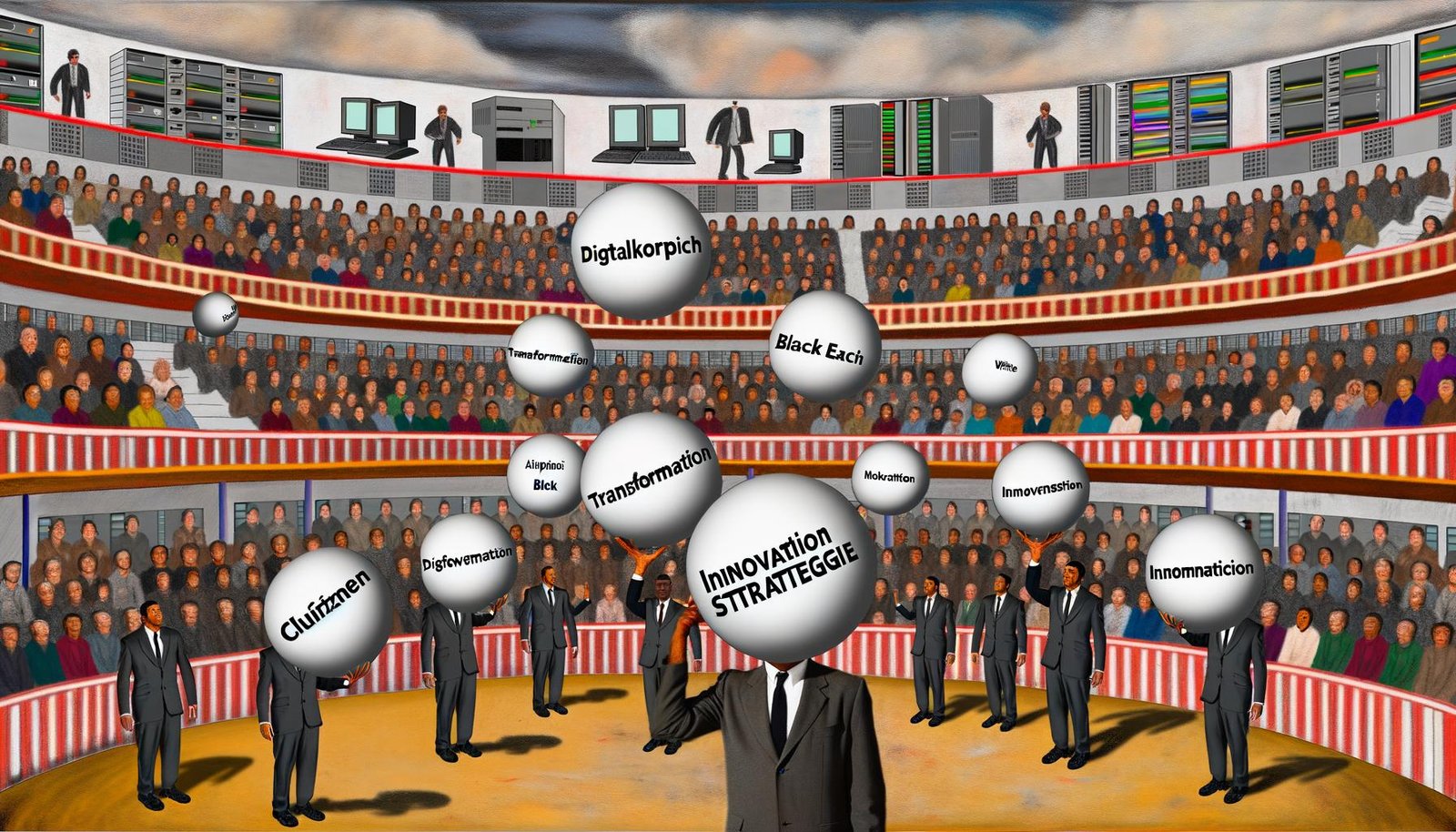 Satirische Zeichnung von deutschen Politikern in einem Zirkus, die mit großen Buzzwords jonglieren, während alte Server und genervte Verwaltungsmitarbeiter im Hintergrund zu sehen sind, beobachtet von erstaunten Bürgern.