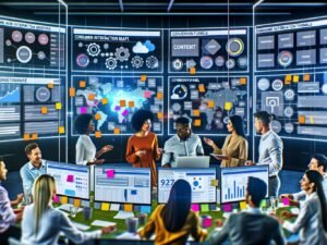 Marketing-Team in hyperfokussiertem Workspace mit Analytics Dashboards, Conversion-Funnels, SEO-Tools und CRM, beim Planen strategischer Content-Workflows.