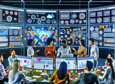 Marketing-Team in hyperfokussiertem Workspace mit Analytics Dashboards, Conversion-Funnels, SEO-Tools und CRM, beim Planen strategischer Content-Workflows.