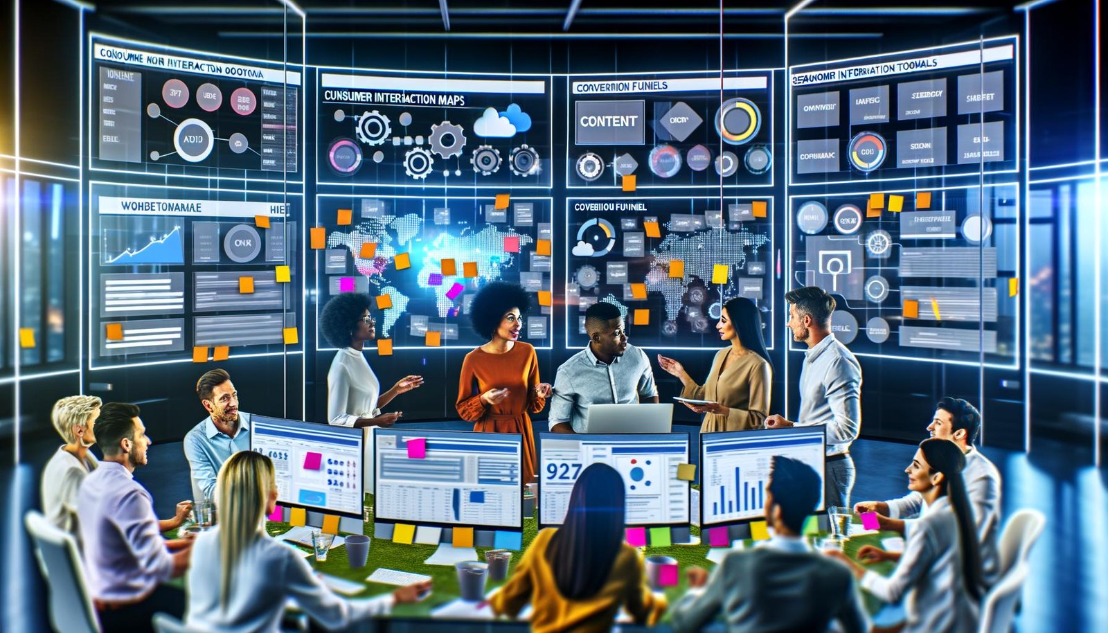 Marketing-Team in hyperfokussiertem Workspace mit Analytics Dashboards, Conversion-Funnels, SEO-Tools und CRM, beim Planen strategischer Content-Workflows.