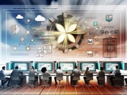 Futuristischer Arbeitsplatz mit Webflow-Logo im Mittelpunkt, umgeben von diversen Profis, interaktiven Bildschirmen, Cloud-Diagrammen und Symbolen für dezentrale Technologien.