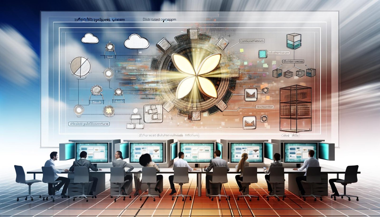 Futuristischer Arbeitsplatz mit Webflow-Logo im Mittelpunkt, umgeben von diversen Profis, interaktiven Bildschirmen, Cloud-Diagrammen und Symbolen für dezentrale Technologien.