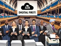 Politiker posieren mit Tablets vor Bannern mit digitalen Schlagwörtern, ein älterer Beamter arbeitet am Faxgerät im Konferenzsaal.