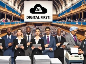 Politiker posieren mit Tablets vor Bannern mit digitalen Schlagwörtern, ein älterer Beamter arbeitet am Faxgerät im Konferenzsaal.