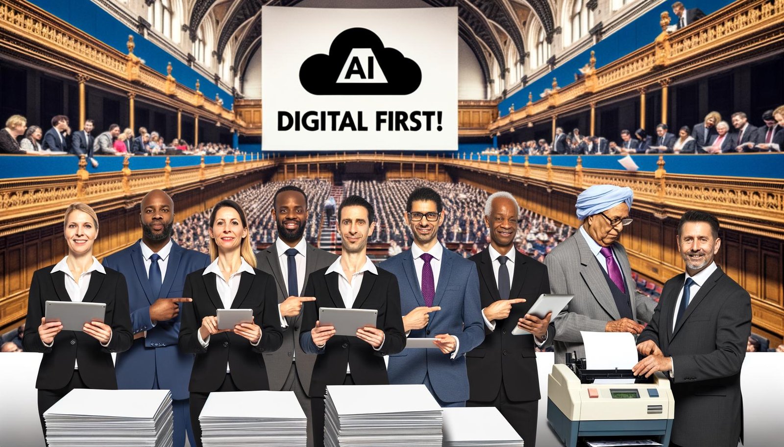 Politiker posieren mit Tablets vor Bannern mit digitalen Schlagwörtern, ein älterer Beamter arbeitet am Faxgerät im Konferenzsaal.