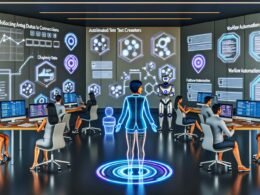 Futuristisches Büro mit Marketer im Zentrum, umgeben von KI-Schnittstellen, holografischen Datenstreams, Bildschirmen mit Analysen und Workflow-Automatisierung, Menschen und Robotern