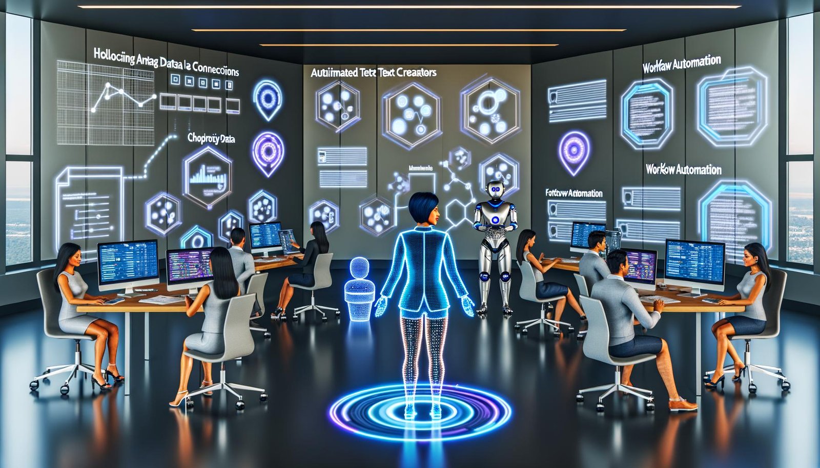 Futuristisches Büro mit Marketer im Zentrum, umgeben von KI-Schnittstellen, holografischen Datenstreams, Bildschirmen mit Analysen und Workflow-Automatisierung, Menschen und Robotern