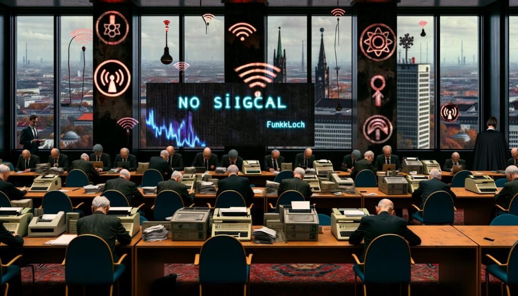 Berliner Konferenzraum mit älteren Politikern in Anzügen, veralteten Computern, Faxgeräten und gestapeltem Papier; großer Bildschirm mit ‚No Signal‘ und Deutschlandkarte mit Funklöchern; unscharfe Silhouetten futuristischer Städte im Hintergrund.