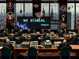 Berliner Konferenzraum mit älteren Politikern in Anzügen, veralteten Computern, Faxgeräten und gestapeltem Papier; großer Bildschirm mit ‚No Signal‘ und Deutschlandkarte mit Funklöchern; unscharfe Silhouetten futuristischer Städte im Hintergrund.