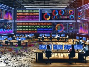 Moderner Maschinenraum einer Digitalagentur mit Bildschirmen voller KPI-Dashboards und fokussiert arbeitenden Menschen, ergänzt durch eine Blueprint-Zeichnung im Vordergrund.