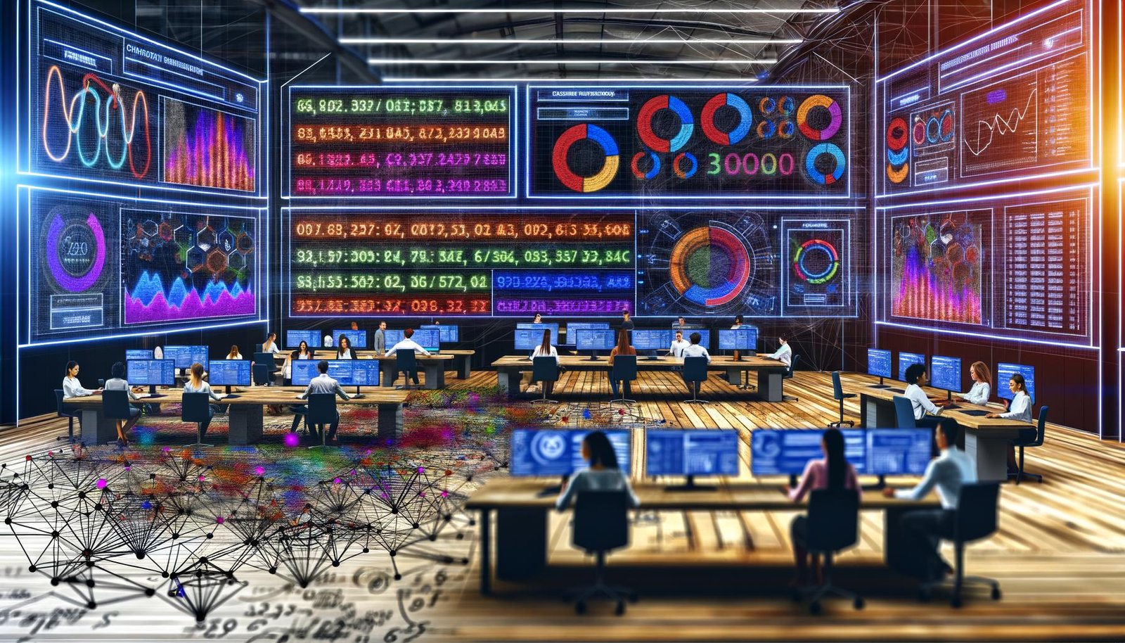 Moderner Maschinenraum einer Digitalagentur mit Bildschirmen voller KPI-Dashboards und fokussiert arbeitenden Menschen, ergänzt durch eine Blueprint-Zeichnung im Vordergrund.