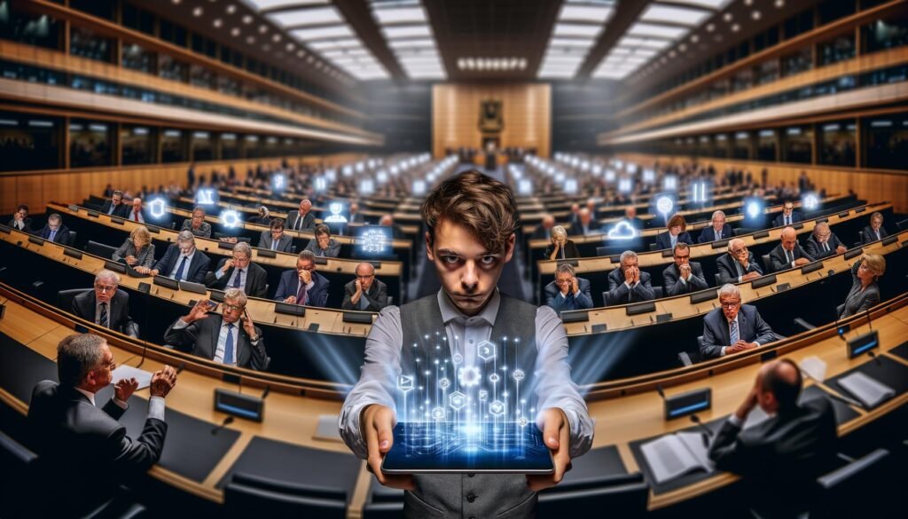 Politiker verschiedener Altersgruppen im Bundestag, viele schauen ratlos auf ihre digitalen Geräte, während ein junger Abgeordneter mit Tablet und digitalen Lichtreflexen zu KI, Blockchain und Cloud in die Kamera blickt.