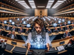 Politiker verschiedener Altersgruppen im Bundestag, viele schauen ratlos auf ihre digitalen Geräte, während ein junger Abgeordneter mit Tablet und digitalen Lichtreflexen zu KI, Blockchain und Cloud in die Kamera blickt.