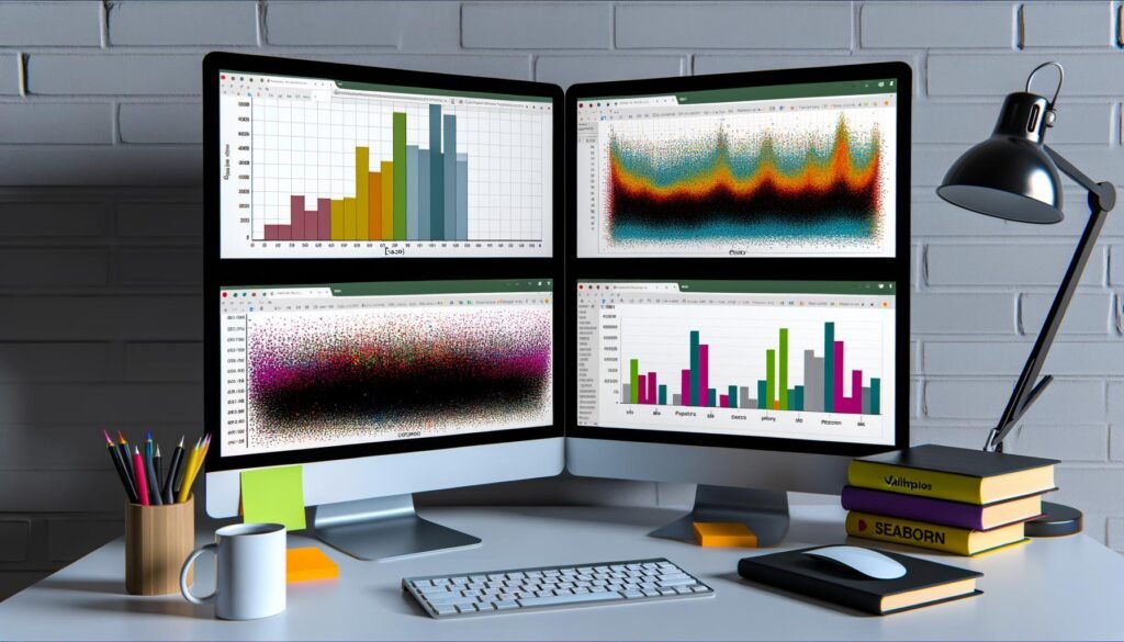 Moderner Arbeitsplatz mit drei Monitoren. Links Excel-Balkendiagramm, mittig und rechts bunte Seaborn-Diagramme. Auf dem Tisch liegen Kaffeebecher, Notizzettel und Programmierbücher.